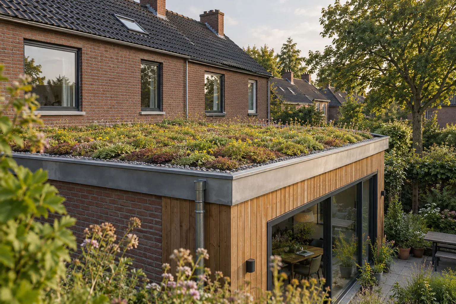 Sedumdak op een houten aanbouw bij een bakstenen woning